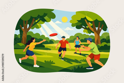 Group of young adults playing frisbee in sunny park