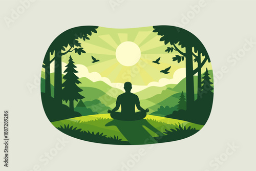 Silhouette of person meditating outdoors in tranquil nature setting with sunlit mountains