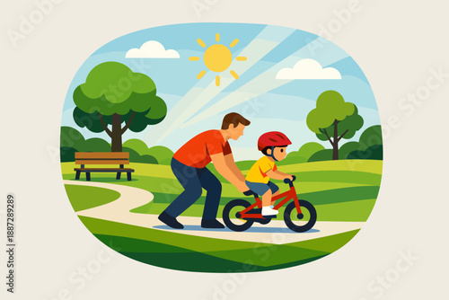 Father teaching son to ride a bike in sunny park
