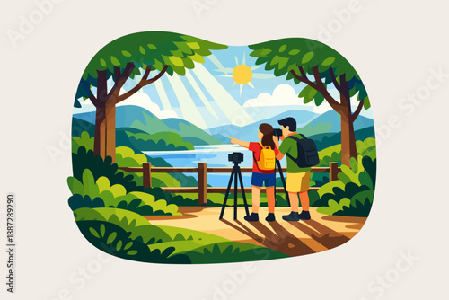 Young caucasian couple hiking and photographing scenic mountain landscape
