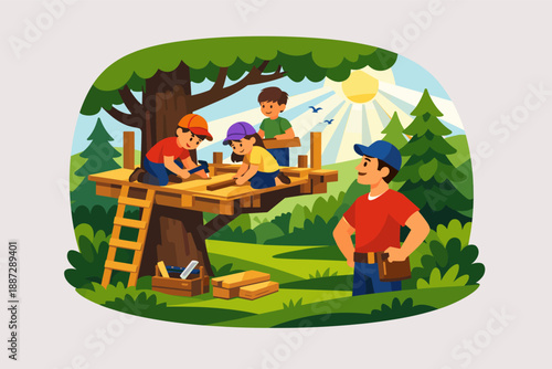 Children building treehouse with adult supervision in forest setting