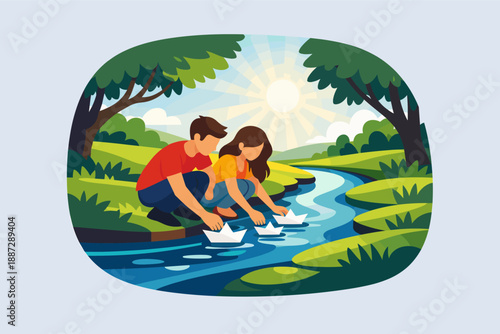 Young caucasian male and female enjoy outdoor stream with paper boats