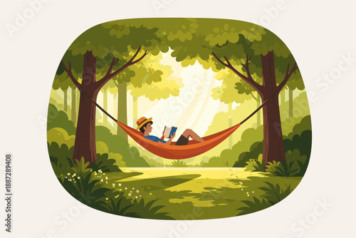 Young hispanic male relaxing in hammock reading book in sunny forest