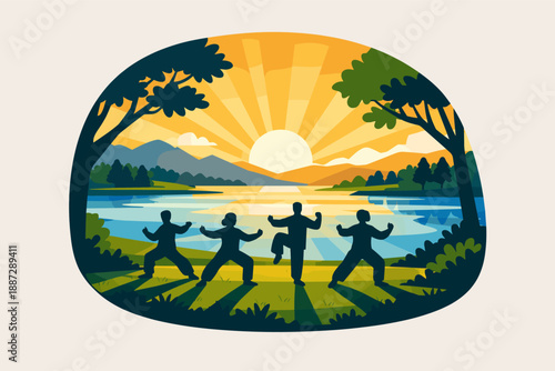 Silhouetted martial arts practice at sunrise by lakeshore with scenic mountain and tree view