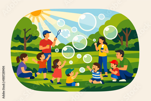 Children playing with bubbles in sunny park setting