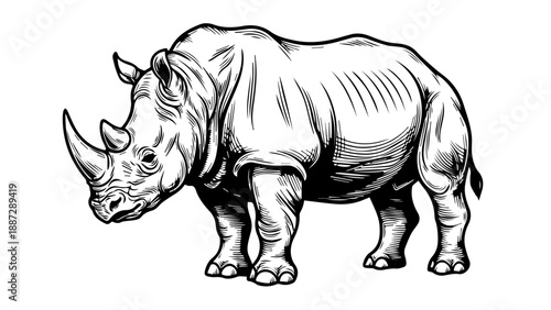 Black and white illustration of a solitary rhinoceros with two distinct horns