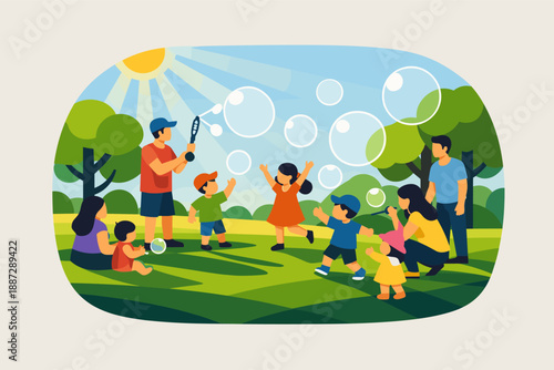 Children playing with bubbles in sunny park