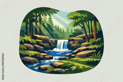 Serene forest waterfall with sunlit trees and flowing stream