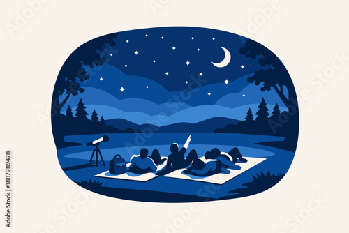 Silhouettes stargazing under night sky with telescope and stars