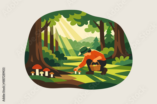 Caucasian male adult foraging mushrooms in sunlit forest clearing scene