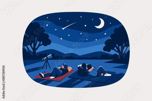 Night sky gazing with telescope and shooting stars