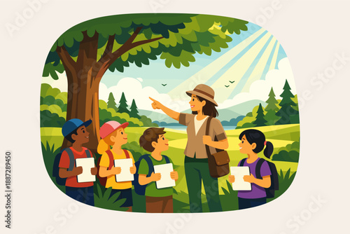 Female teacher guiding diverse children on outdoor nature adventure under sunlit trees