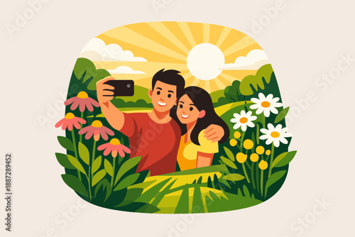 Young hispanic couple taking selfie in vibrant flower field at sunrise