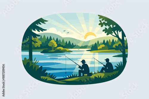 Scenic lake fishing at sunset with two people fishing overlooking forest and mountains