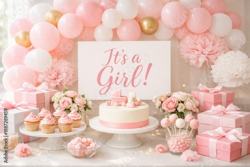 A perfect set for gender reveal party or baby shower celebration with It's a girl lettering. Pink Balloons, Cake, Gifts, and Floral Decor