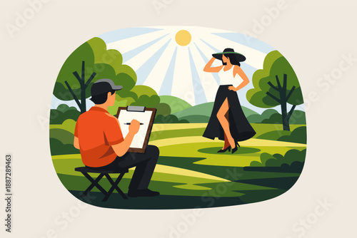 Artist sketching female model in outdoor park setting
