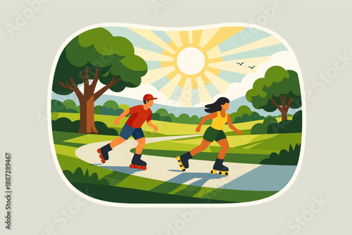 Two kids roller skating in park under sunny sky