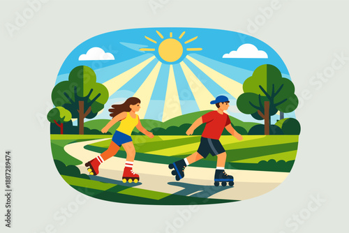 Youth rollerblading in sunlit park with vibrant landscape and clear sky