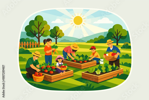 Diverse group gardening vegetables under sunny sky