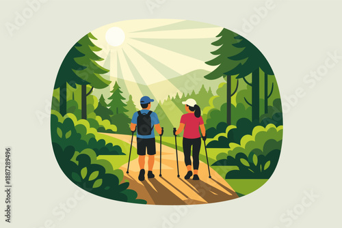 Caucasian adults hiking in sunlit forest with backpacks