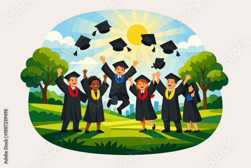 Diverse group of young graduates celebrating graduation outdoors in cap and gown