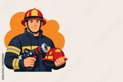 Male firefighter cartoon character holding helmet and hose