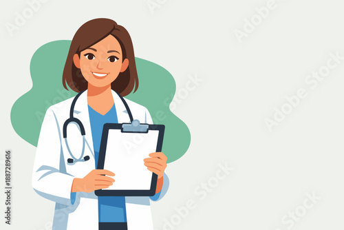 Female doctor holding clipboard, smiling caucasian young adult in medical uniform