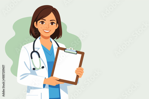 Female asian young doctor holding clipboard with stethoscope illustrative portrait