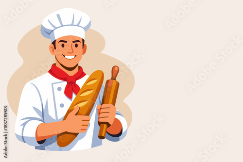 Smiling caucasian male baker holding baguette and rolling pin