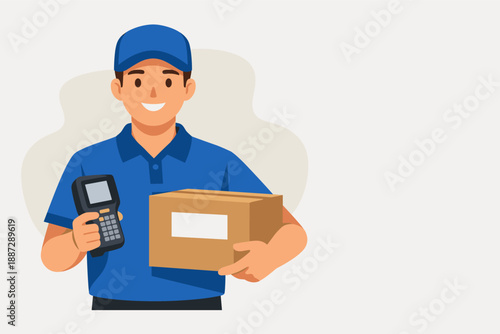 Male delivery worker holding package and scanner device smiling