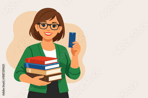 Smiling caucasian female adult holding books and a library card