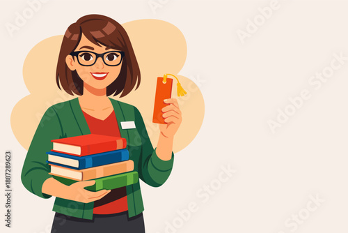 Smiling caucasian female librarian holding books and bookmark