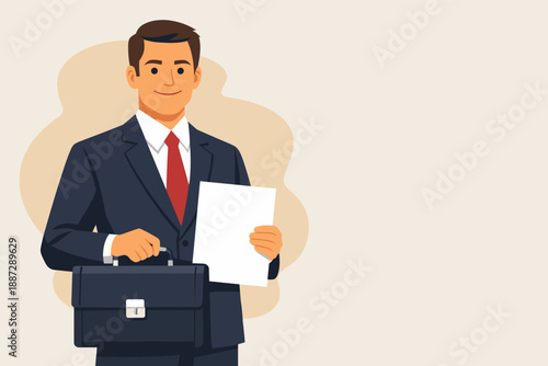 Young caucasian male business professional holding briefcase and document