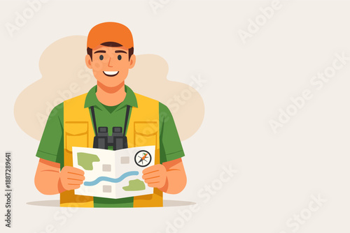 Young caucasian male explorer with map and binoculars