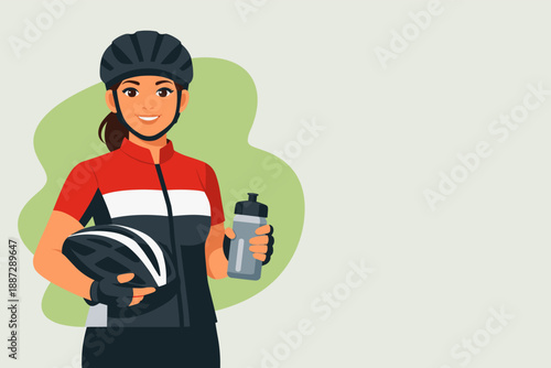 Young hispanic female cyclist holding helmet and water bottle in activewear