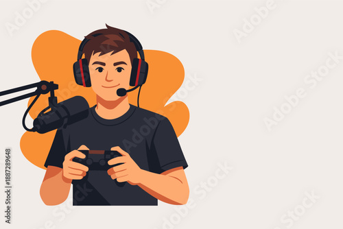 Young caucasian male streamer gaming with microphone and headset