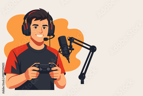 Young caucasian male gamer streaming with headset and microphone