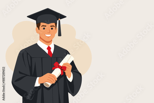 Young male graduate celebrating achievement in cap and gown