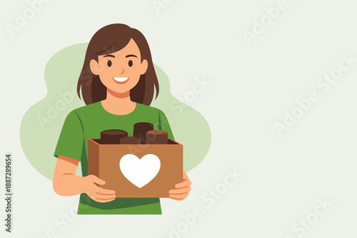 Young hispanic female volunteering with donation box in green shirt