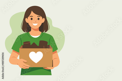 Young caucasian female with donation box smiling in green t-shirt