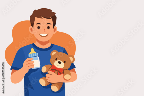 Young caucasian male holding teddy bear and baby bottle on light background