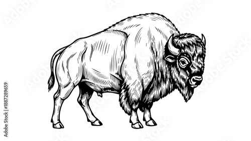 Black and white illustration of a bison in a three-quarter profile