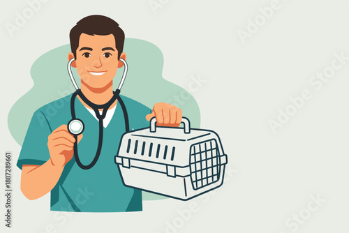 Male hispanic young veterinarian holding pet carrier and stethoscope