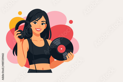 Female dj holding vinyl record and headphones - asian young adult in music scene