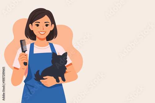 Young caucasian female pet groomer smiling while holding black dog and comb