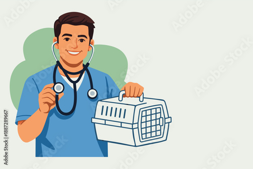 Smiling male veterinarian with stethoscope holding pet carrier