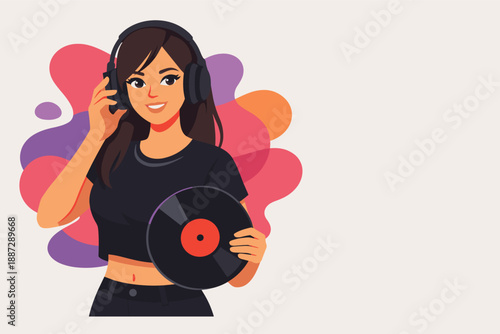 Asian female dj holding vinyl record with headphones and colorful background