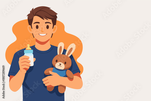 Young caucasian male holding baby bottle and plush toy in cheerful setting