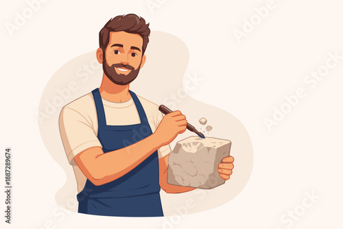 Young caucasian male sculptor creating art with stone and chisel