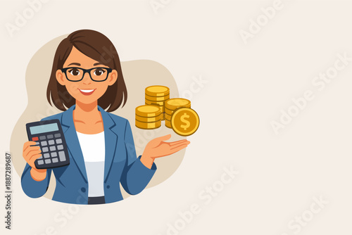 Female caucasian adult holding calculator and coins illustration for financial concept